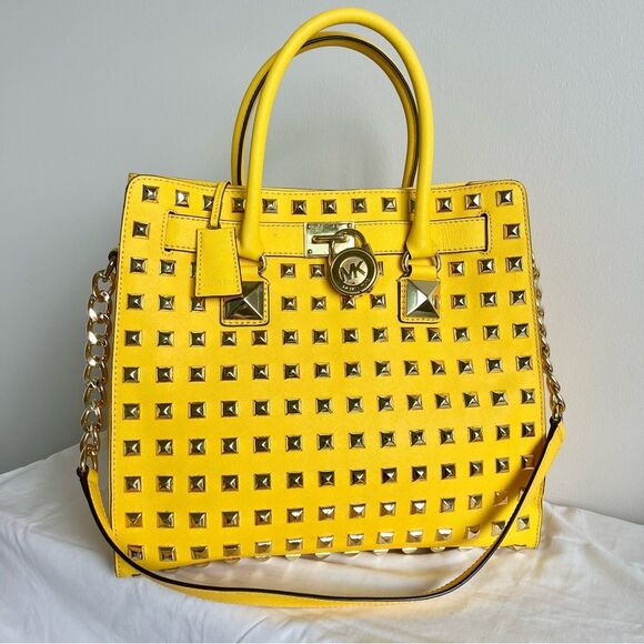 MICHAEL KORS Yellow RARE Studded XL Hamilton Satchel Shoulder Bag Raven Selma - Picture 1 of 10